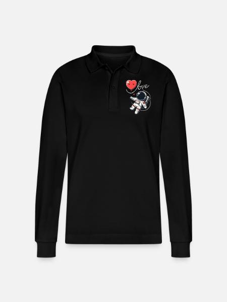 Astronaut holding a heart balloon - Stanley/Stella Organic Unisex Long-Sleeved Polo Shirt Prepster - black