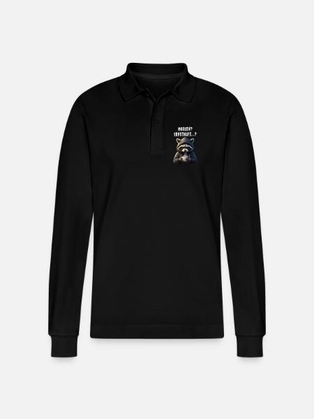 Morgenmuffel Waschbär mit Kaffee - Stanley/Stella Unisex Bio-Langarm-Poloshirt Prepster - Schwarz