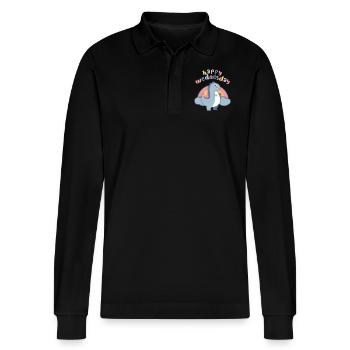 Kawaii Dinosaur, Rainbow Happy-Wednesday - Stanley/Stella Organic Unisex Long-Sleeved Polo Shirt Prepster - black - Front - Anna (173cm) & Nico (186cm)