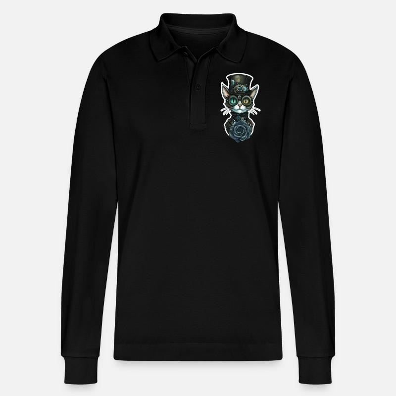 Steampunk Katze schwarze Rose Gothic - Stanley/Stella Unisex Bio-Langarm-Poloshirt Prepster - Schwarz