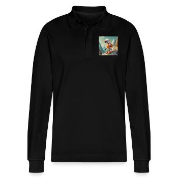 Niedlicher kleiner orangefarbener Vintage-Roboter klettert - Stanley/Stella Unisex Bio-Langarm-Poloshirt Prepster - Schwarz - Vorne - Anna (173cm) & Nico (186cm)