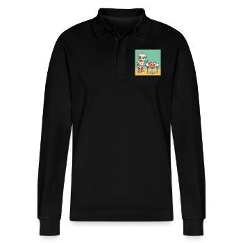 Pizza Bot - Stanley/Stella Organic Unisex Long-Sleeved Polo Shirt Prepster - black - Front - Anna (173cm) & Nico (186cm)