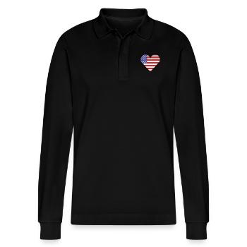 united states flag with heart - Stanley/Stella Organic Unisex Long-Sleeved Polo Shirt Prepster - black - Front - Anna (173cm) & Nico (186cm)
