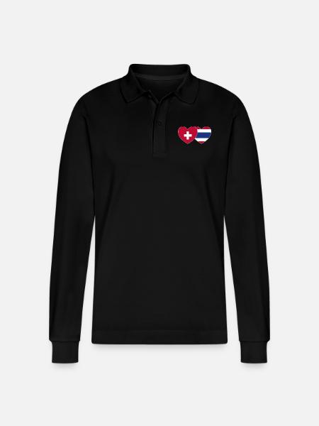 Switzerland Thailand Flag Heart - Stanley/Stella Organic Unisex Long-Sleeved Polo Shirt Prepster - black