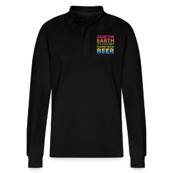save the earth beer - Stanley/Stella Organic Unisex Long-Sleeved Polo Shirt Prepster - black - Front - Anna (173cm) & Nico (186cm)