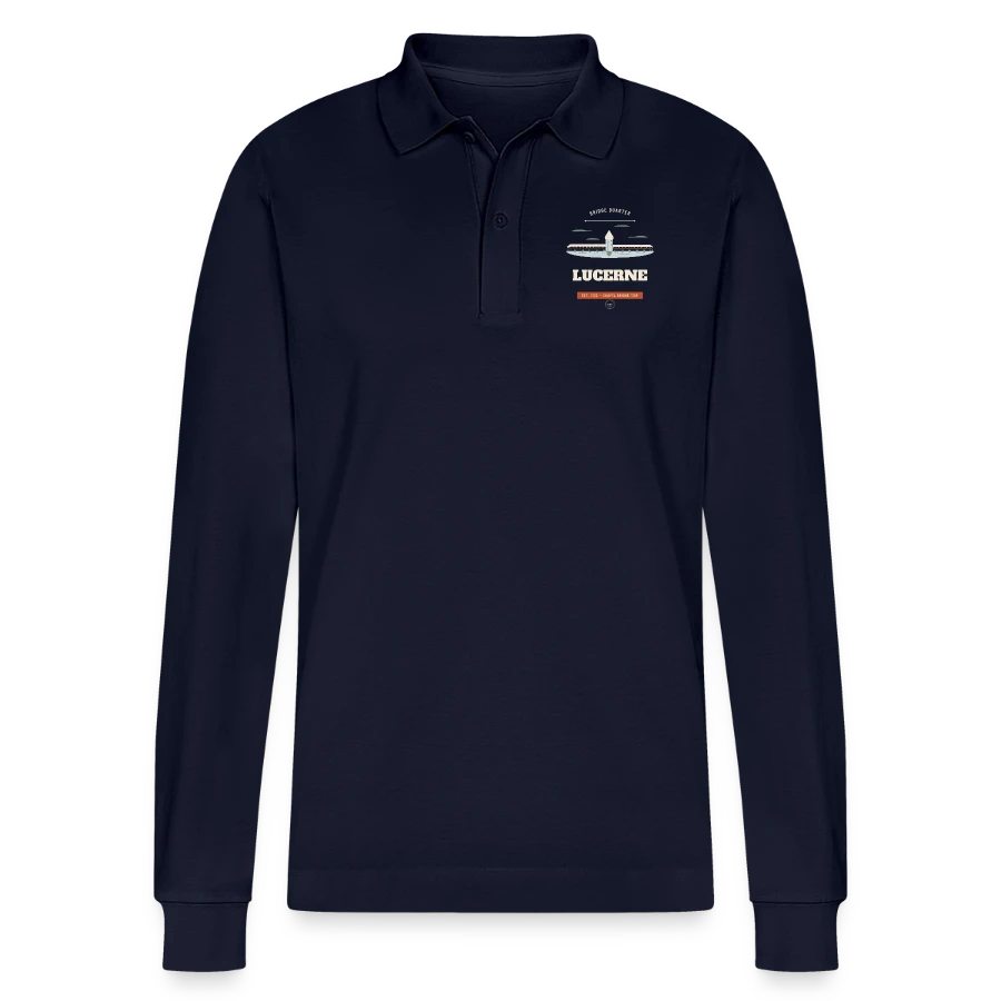 Lucerne badge on a stanley/stella organic unisex long-sleeved polo shirt prepster, navy