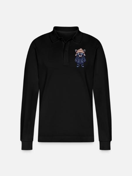 Raccoon Cool Comic - Stanley/Stella Organic Unisex Long-Sleeved Polo Shirt Prepster - black