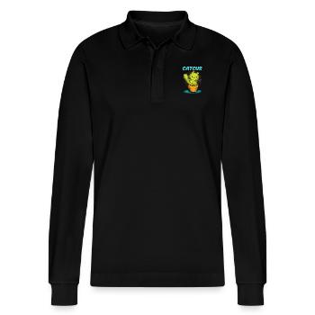 Katze / CATCUS / Kaktus / Geschenk - Stanley/Stella Unisex Bio-Langarm-Poloshirt Prepster - Schwarz - Vorne - Anna (173cm) & Nico (186cm)