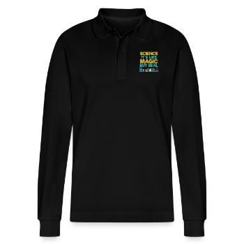 SCIENCE i'ts like MAGIC but real - Stanley/Stella Organic Unisex Long-Sleeved Polo Shirt Prepster - black - Front - Anna (173cm) & Nico (186cm)