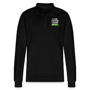 I Came I Mowed I Kicked Grass - Stanley/Stella Organic Unisex Long-Sleeved Polo Shirt Prepster - black - Front - Anna (173cm) & Nico (186cm)
