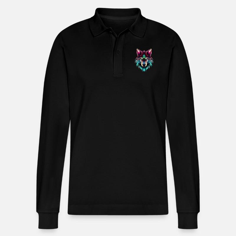 Mystischer Wolf Synthwave Wolfskopf - Stanley/Stella Unisex Bio-Langarm-Poloshirt Prepster - Schwarz