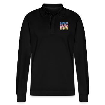 Coffee By Day Comedy By Night Comedian - Stanley/Stella Organic Unisex Long-Sleeved Polo Shirt Prepster - black - Front - Anna (173cm) & Nico (186cm)