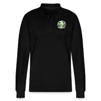 Enchanted mushroom house in a magical forest - Stanley/Stella Organic Unisex Long-Sleeved Polo Shirt Prepster - black - Front - Anna (173cm) & Nico (186cm)