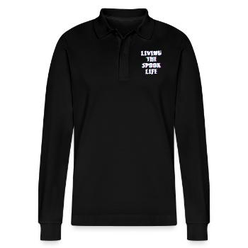 Living The Spook Life Ghost Bait - Stanley/Stella Organic Unisex Long-Sleeved Polo Shirt Prepster - black - Front - Anna (173cm) & Nico (186cm)