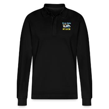 Keep Calm And Take Off Fun Vacation - Stanley/Stella Organic Unisex Long-Sleeved Polo Shirt Prepster - black - Front - Anna (173cm) & Nico (186cm)