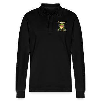 Hopping Into Adventure Frogs Nature Joy - Stanley/Stella Organic Unisex Long-Sleeved Polo Shirt Prepster - black - Front - Anna (173cm) & Nico (186cm)