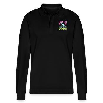Froggin' Awesome With Coqui Vibe - Stanley/Stella Organic Unisex Long-Sleeved Polo Shirt Prepster - black - Front - Anna (173cm) & Nico (186cm)