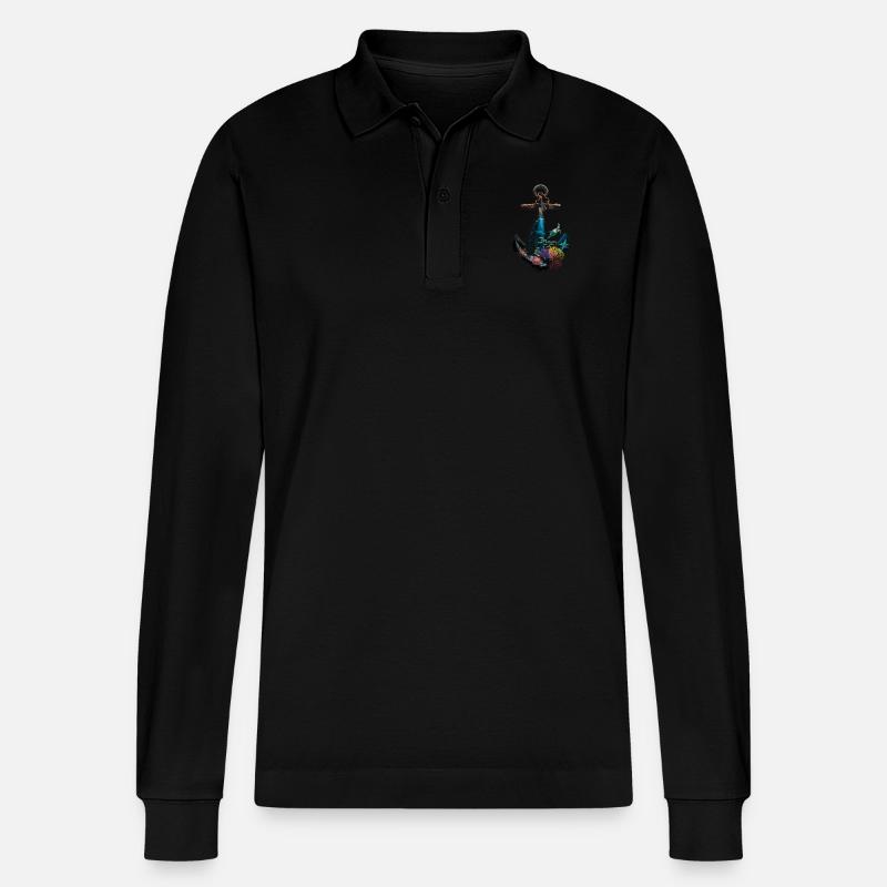 Maritimes Anker-Design Mit Meerestieren Und - Stanley/Stella Unisex Bio-Langarm-Poloshirt Prepster - Schwarz
