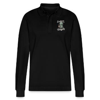 Die Existenz ist erschreckend lustig Alien UFO Kaffee - Stanley/Stella Unisex Bio-Langarm-Poloshirt Prepster - Schwarz - Vorne - Anna (173cm) & Nico (186cm)