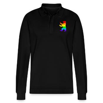 Berliner Bär / Pride Bear / Regenbogen - Stanley/Stella Unisex Bio-Langarm-Poloshirt Prepster - Schwarz - Vorne - Anna (173cm) & Nico (186cm)