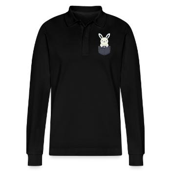 Design "Pocket Bunny Bliss" - Stanley/Stella Organic Unisex Long-Sleeved Polo Shirt Prepster - black - Front - Anna (173cm) & Nico (186cm)