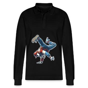 Breakdancing - Stanley/Stella Organic Unisex Long-Sleeved Polo Shirt Prepster - black - Front - Anna (173cm) & Nico (186cm)