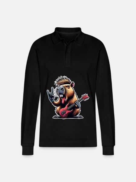 Capybara Rock and Roll Guitarist - Stanley/Stella Organic Unisex Long-Sleeved Polo Shirt Prepster - black