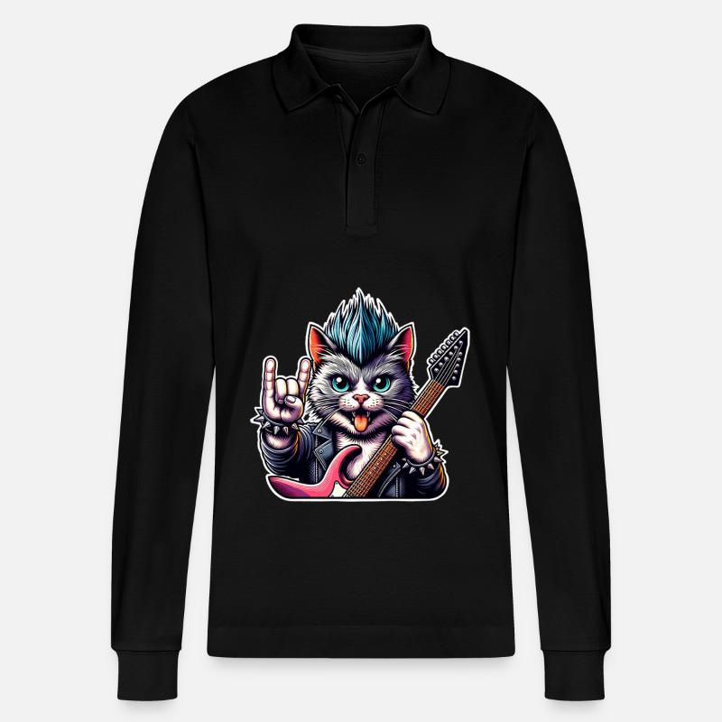 Katze Rock and Roll Gitarrist - Stanley/Stella Unisex Bio-Langarm-Poloshirt Prepster - Schwarz