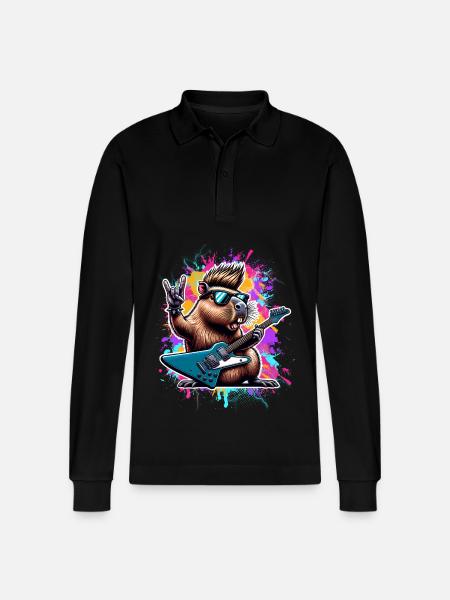 Capybara Rock and Roll Guitarist - Stanley/Stella Organic Unisex Long-Sleeved Polo Shirt Prepster - black
