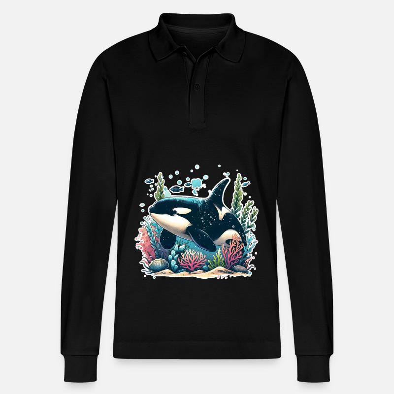 Orca Killer Whale - Stanley/Stella Organic Unisex Long-Sleeved Polo Shirt Prepster - black