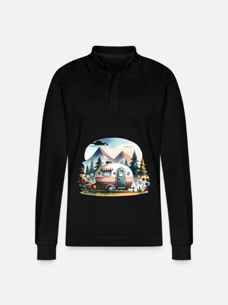 Camping Caravan - Stanley/Stella Organic Unisex Long-Sleeved Polo Shirt Prepster - black