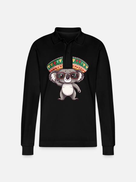 Koala Comic Funny Sombrero - Stanley/Stella Organic Unisex Long-Sleeved Polo Shirt Prepster - black