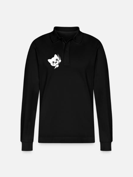 Chat perplexe derrière le rideau - Polo à manches longues bio PREPSTER Stanley/Stella Unisexe - noir
