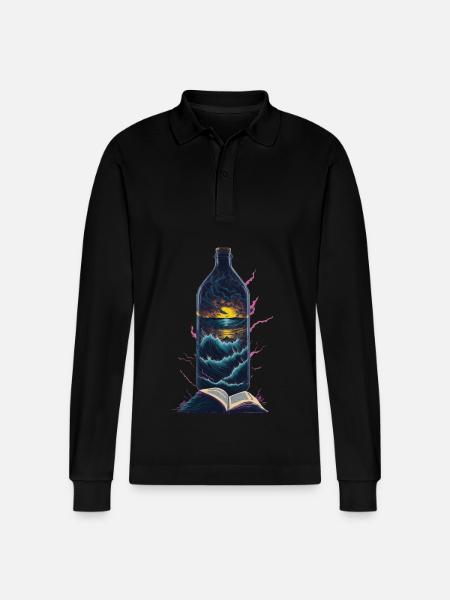 Books Reading Bottle Beach Motif - Stanley/Stella Organic Unisex Long-Sleeved Polo Shirt Prepster - black