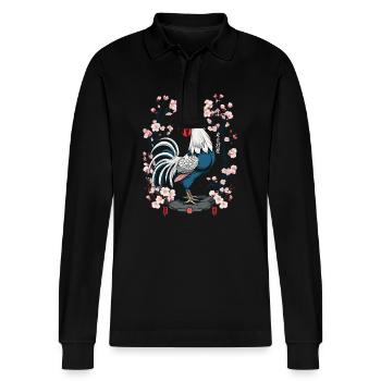 Asian Rooster Cherry Blossoms Aesthetic Design - Stanley/Stella Organic Unisex Long-Sleeved Polo Shirt Prepster - black - Front - Anna (173cm) & Nico (186cm)