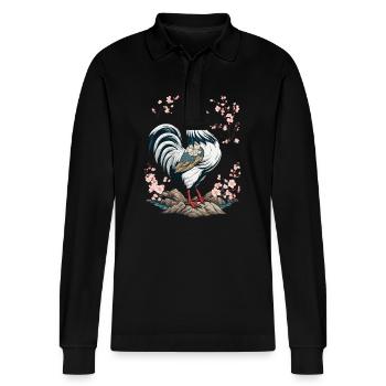 Japanese Rooster Cherry Blossoms Aesthetic Design - Stanley/Stella Organic Unisex Long-Sleeved Polo Shirt Prepster - black - Front - Anna (173cm) & Nico (186cm)