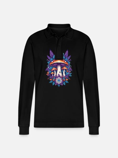Mushrooms Feather Mandala Spiritual Design - Stanley/Stella Organic Unisex Long-Sleeved Polo Shirt Prepster - black