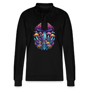 Lebendige Farben Musik Festival Wald Pilze - Stanley/Stella Unisex Bio-Langarm-Poloshirt Prepster - Schwarz - Vorne - Anna (173cm) & Nico (186cm)