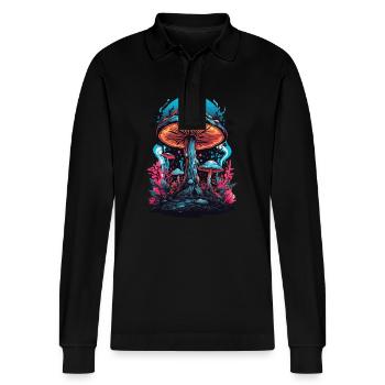 Lebendige Farben Musik Festival Wald Pilze - Stanley/Stella Unisex Bio-Langarm-Poloshirt Prepster - Schwarz - Vorne - Anna (173cm) & Nico (186cm)