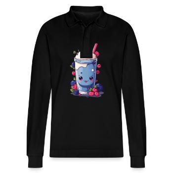 Beeren Milchshake Spaß Kawaii Anime Design - Stanley/Stella Unisex Bio-Langarm-Poloshirt Prepster - Schwarz - Vorne - Anna (173cm) & Nico (186cm)