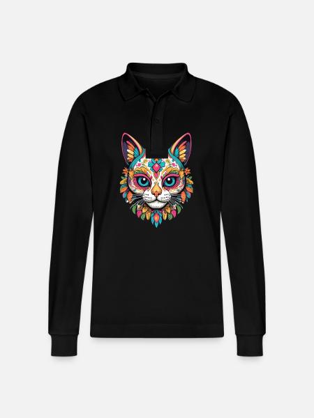 Cat Iconic Sugar Skull Mexican - Stanley/Stella Organic Unisex Long-Sleeved Polo Shirt Prepster - black