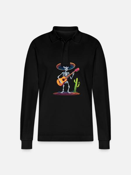 Mexican Mariachi Skeleton Guitarist Fiesta - Stanley/Stella Organic Unisex Long-Sleeved Polo Shirt Prepster - black