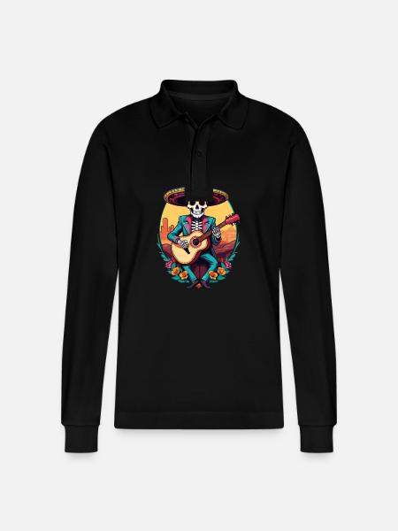Mexican Mariachi Skeleton Guitarist Fiesta - Stanley/Stella Organic Unisex Long-Sleeved Polo Shirt Prepster - black
