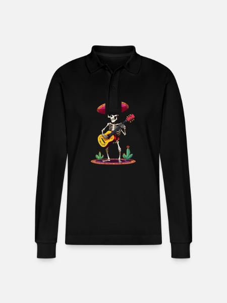 Mexican mariachi skeleton guitarist - Stanley/Stella Organic Unisex Long-Sleeved Polo Shirt Prepster - black