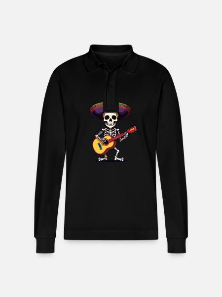 Mexican mariachi skeleton guitarist - Stanley/Stella Organic Unisex Long-Sleeved Polo Shirt Prepster - black