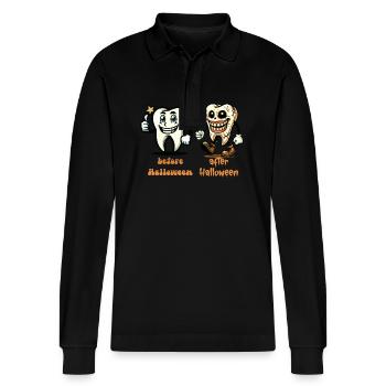 Zähne Vor Halloween Lustiger Spruch Design - Stanley/Stella Unisex Bio-Langarm-Poloshirt Prepster - Schwarz - Vorne - Anna (173cm) & Nico (186cm)
