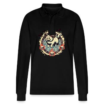 Cute Lucifer Cat Funny Cats Summoning - Stanley/Stella Organic Unisex Long-Sleeved Polo Shirt Prepster - black - Front - Anna (173cm) & Nico (186cm)