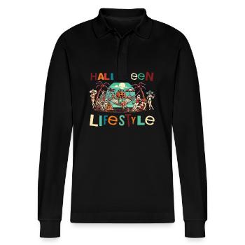 Relaxed Halloween lifestyle - Stanley/Stella Organic Unisex Long-Sleeved Polo Shirt Prepster - black - Front - Anna (173cm) & Nico (186cm)