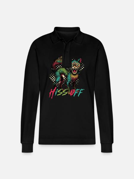 Psychedelic Cat Hiss Off Design - Stanley/Stella Organic Unisex Long-Sleeved Polo Shirt Prepster - black