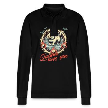 Lucifer Loves You Mystical Cat Motif - Stanley/Stella Organic Unisex Long-Sleeved Polo Shirt Prepster - black - Front - Anna (173cm) & Nico (186cm)